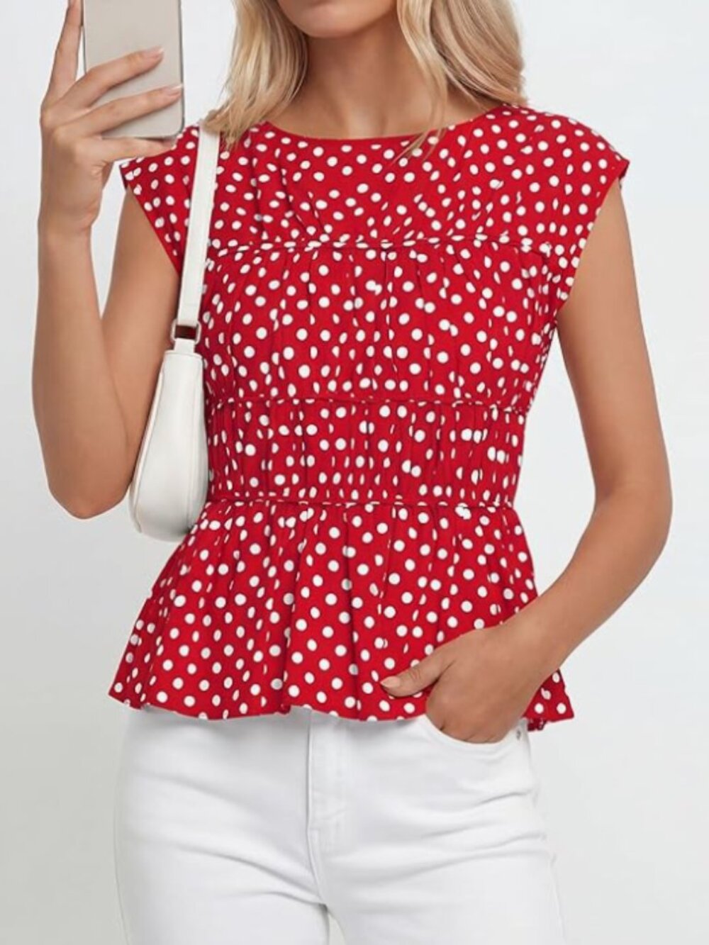 BTFBM Red White Polka Dot Peplum Blouse Cap Sleeve NWT - Size Medium